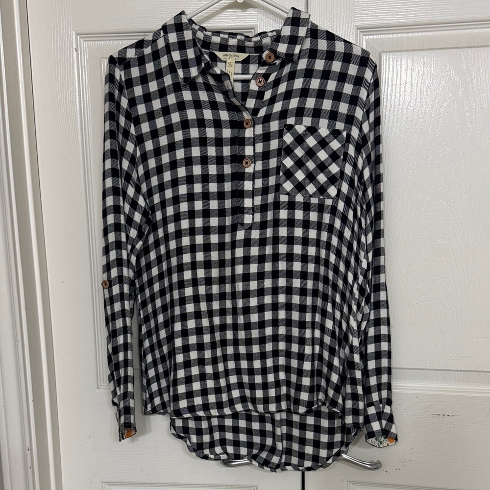 Matilda Jane Joanna Gaines Flannel Black and White Plaid Shirt Floral Cuff Sz M